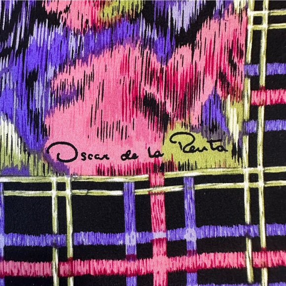 Oscar de la Renta Accessory Street Vintage Silk Oblong Scarf Floral Plaid - Picture 10 of 10